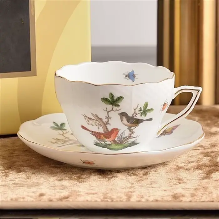 Tasse à café et soucoupe de thé de l'après-midi créative, impression de fleurs et d'oiseaux, ensembl