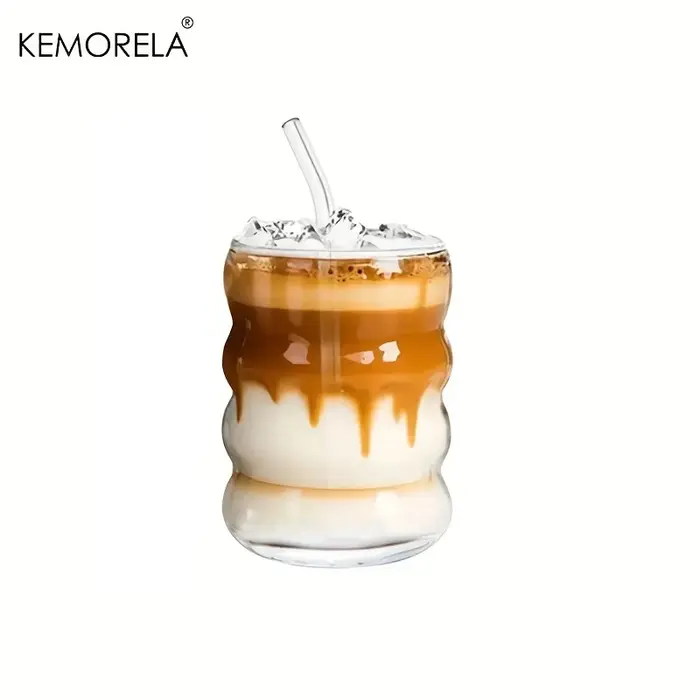 1/2 tasses à café en verre avec pailles, 380 ml, en verre borosilicate haute résistance, forme ondul