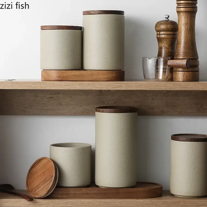 Bocaux de Rangement Rétro en Céramique avec Couvercle en Bois
