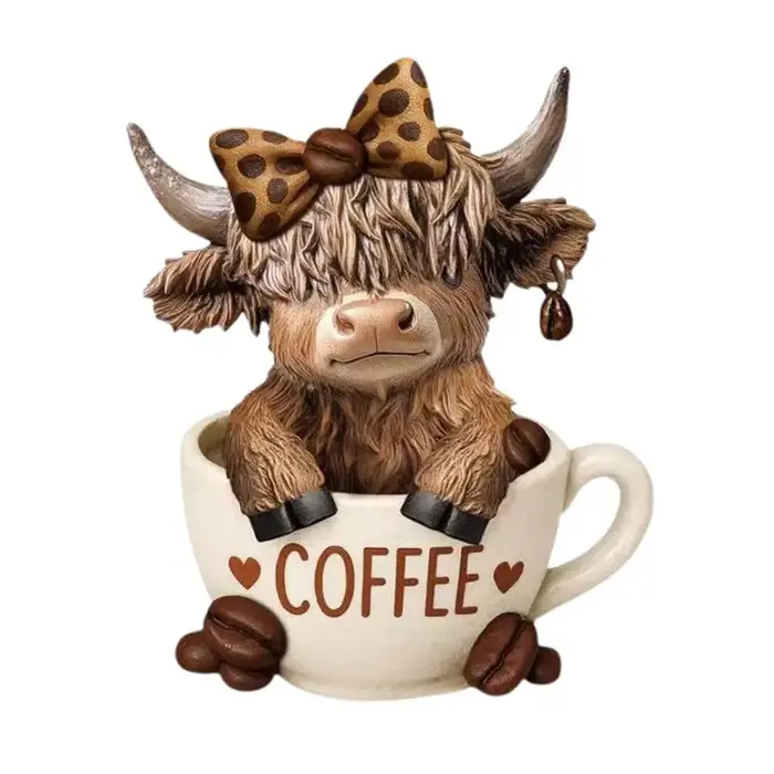 Statue de vache sur le thème du café, décor de bétail des Highlands, ensemble de figurines de tasse 