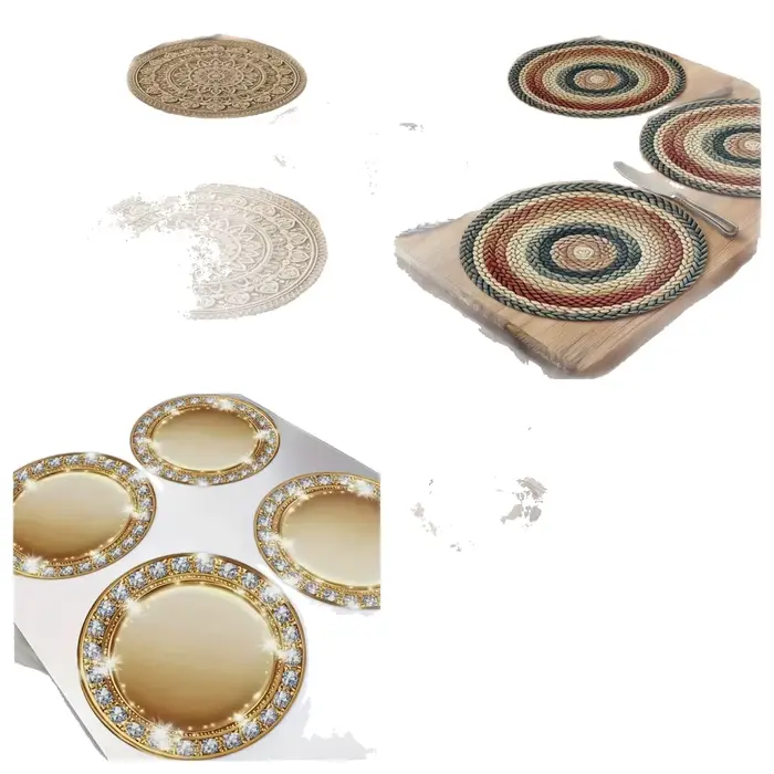 Set de table rond imprimé 2D motif diamant, style bohème, en lin