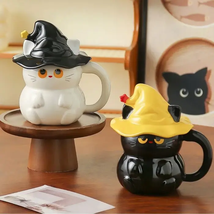 Tasse en céramique de chat fantôme de rêve de 450 ml avec couvercle