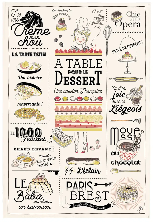 Torchon Les desserts franais Ecru 48 x 72