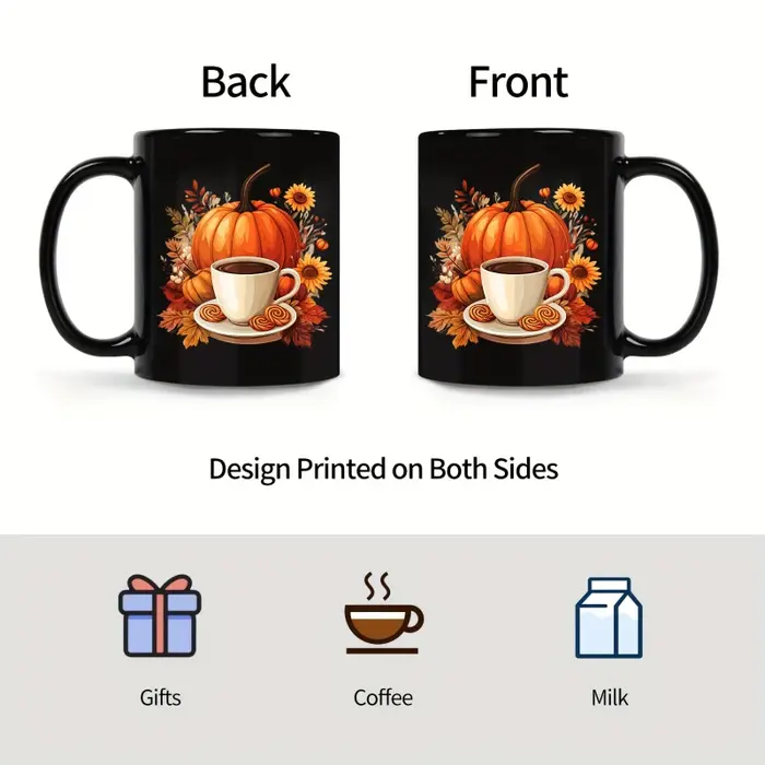 Tasse à café en céramique avec motif de citrouille noire et de fleurs d'automne