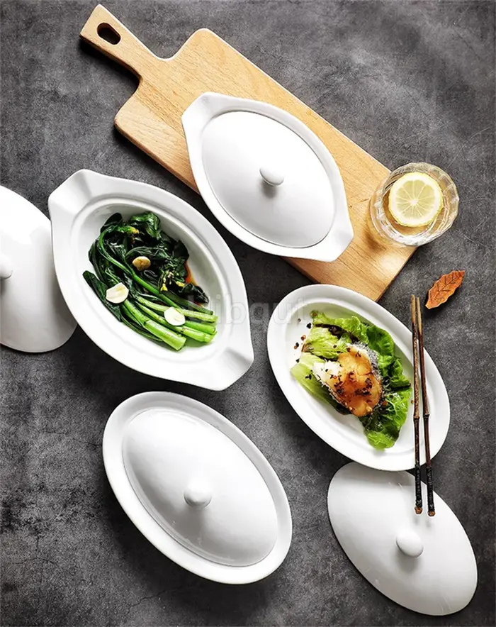 Vaisselle elliptique ovale en céramique assiette blanche plat avec couvercle tasse à légumes hôtel créatif restaurant fromage cuit riz bol profond