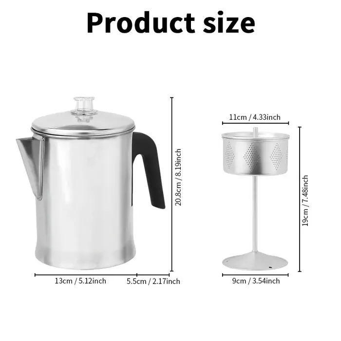 Cafetière à percolateur en acier inoxydable, cafetière à utiliser sur toute cuisinière, argent, 7 ta