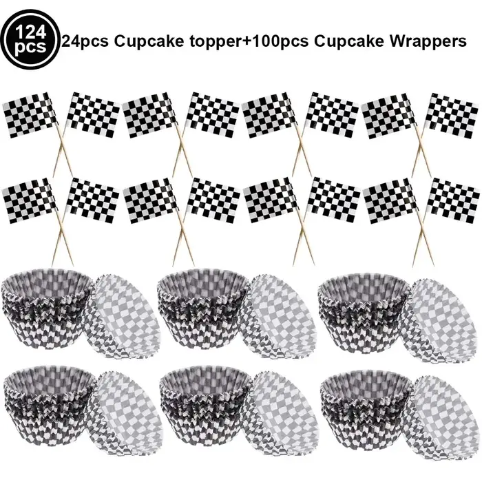 Vaisselle à carreaux noir et blanc pour la décoration de table sur le thème des sports de course, assiettes à dessert, serviettes pour voiture de course, anniversaire