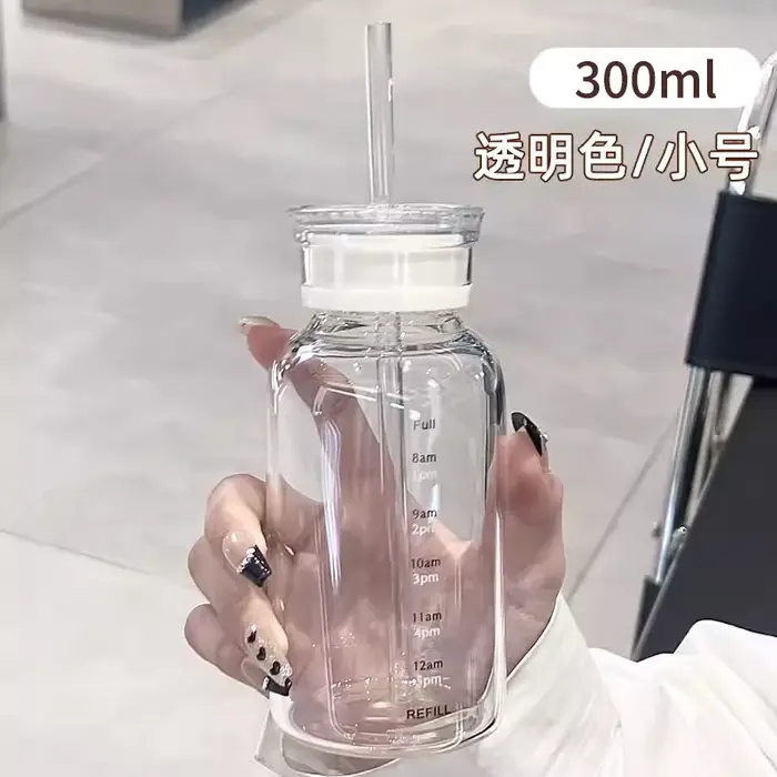 Grande bouteille d'eau en verre avec paille de 300/500/750ml, 2 couvercles, bouteille transparente K