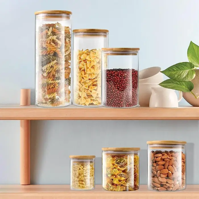 Lot de 5 récipients en verre de 300/550 ml avec couvercle en bois