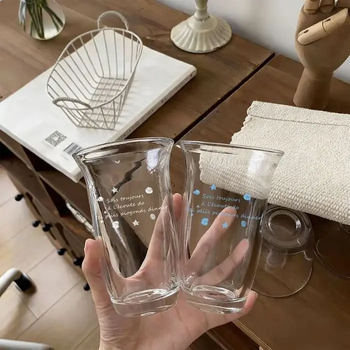 1 pièce Tasse en verre vintage à motif coquillage bleu océanique