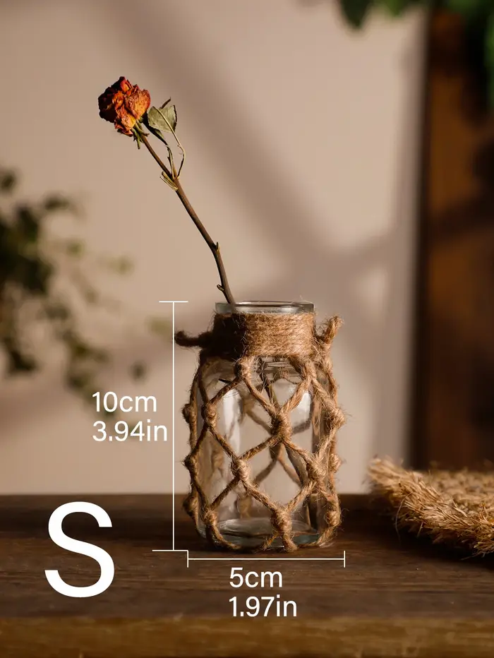 Vase en verre en corde de chanvre tissé à la main, décor de fleurs sèches, Vase en verre artistique