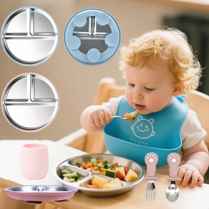 Vaisselle pour enfants en acier inoxydable 304 - Assiette divisée avec base d'aspiration en silicone pour la formation