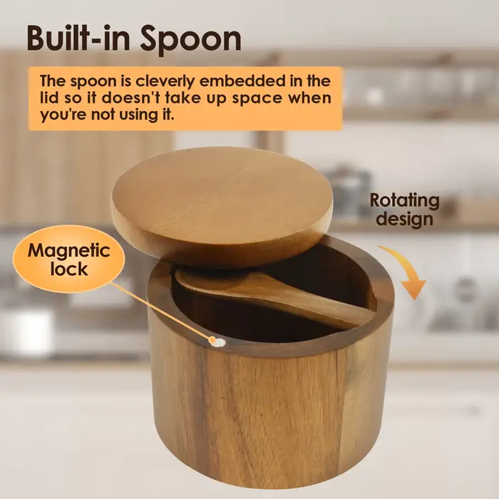 Salière Ronde en Bois d'Acacia avec Cuillère spatirée et Couvercle à Comcussion Magnétique