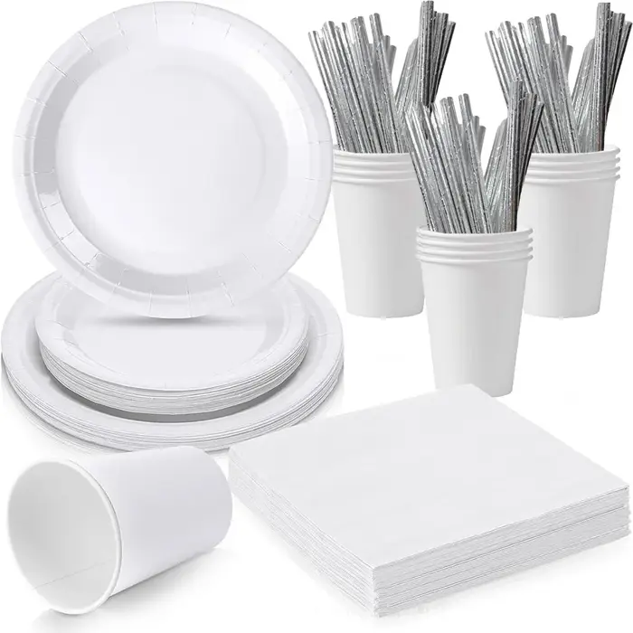 Ensemble de vaisselle jetable de couleur unie sur le thème blanc pur