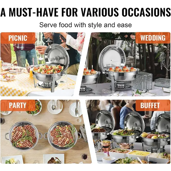 Ensemble de buffet à réchauds ronds en acier inoxydable 5QT