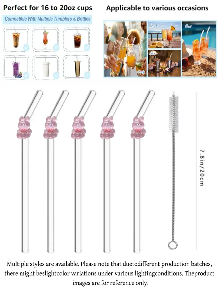 1/2/5 pailles en verre rose en forme de lapin