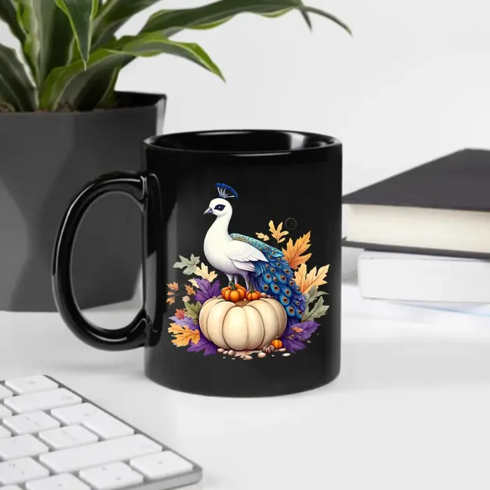Tasse en céramique, motif de feuille d'automne paon noir et de citrouille