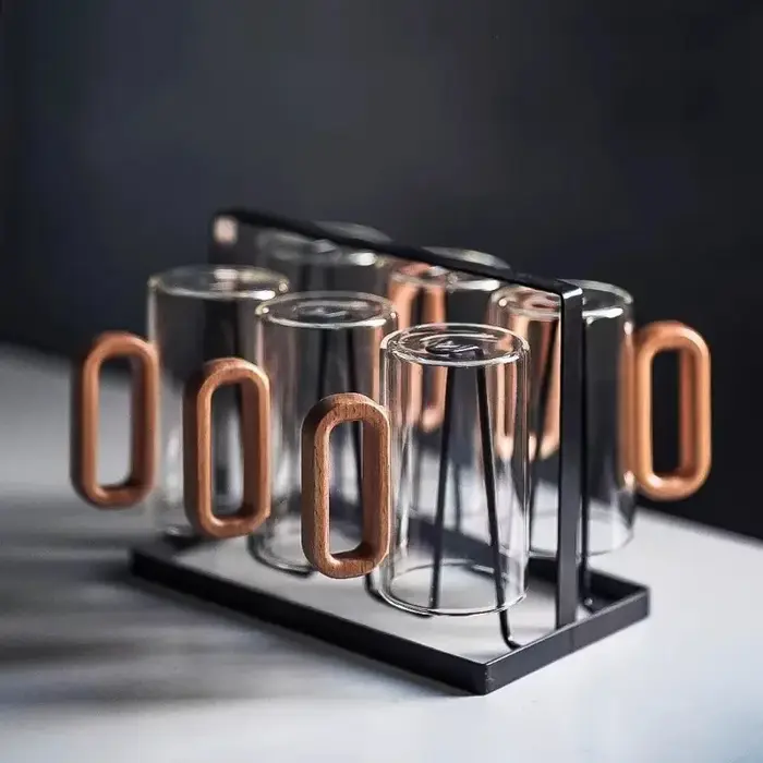 Tasses à thé en verre borosilicate haute résistance à couche unique avec poignée en bois gris fumé