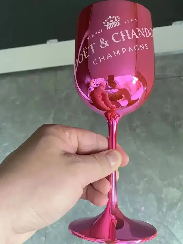 Verre à vin en plastique incassable avec placage galvanoplastie, flûtes roses et bleues brillantes, 