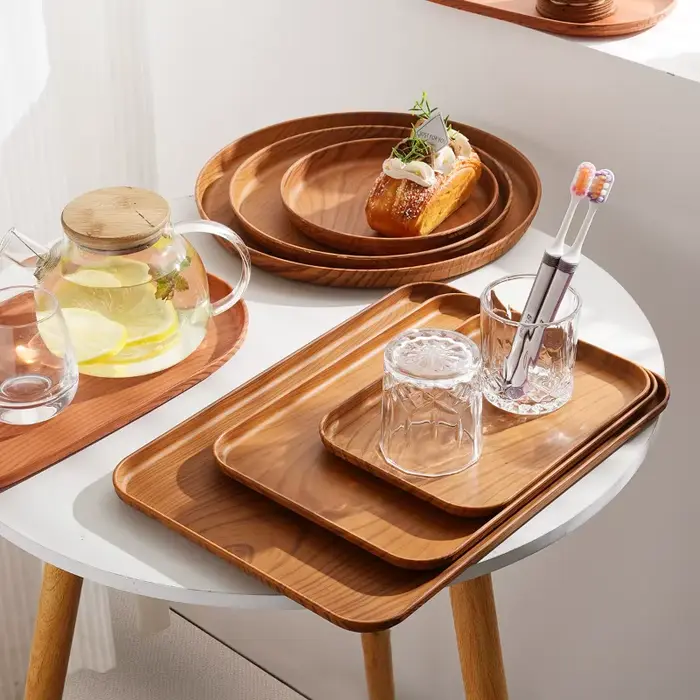 Plateau de service rectangulaire en plastique grain de bois