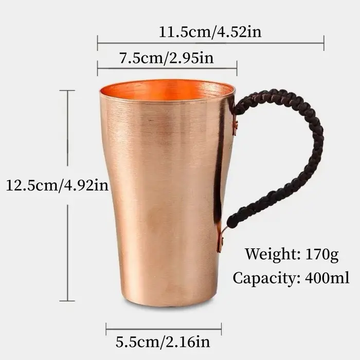 Tasse à café en cuivre pur fabriquée à la main, tasse de petit déjeuner de 400 ml, poignée tissée à