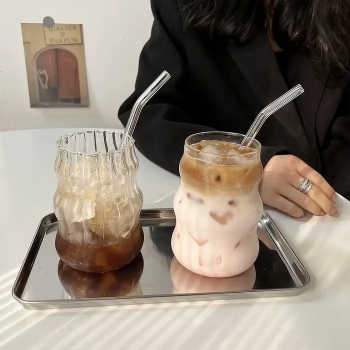 INS tasses en verre Transparent rayure créative tasse à café froid jus de glace Cocktail