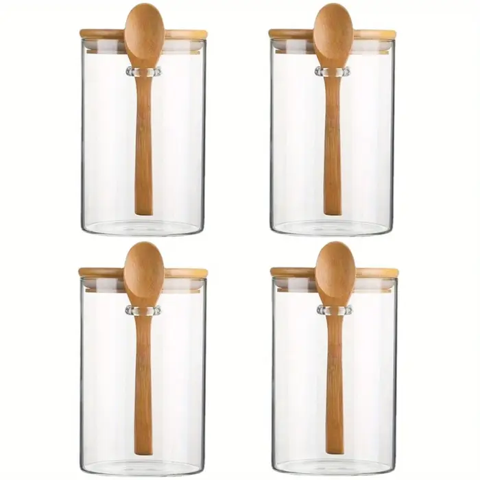 Pots en verre hermétiques avec couvercles et cuillères en bambou