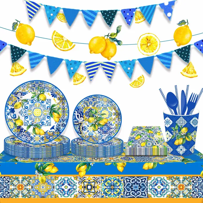 Ensemble de vaisselle jetable en porcelaine bleue et blanche