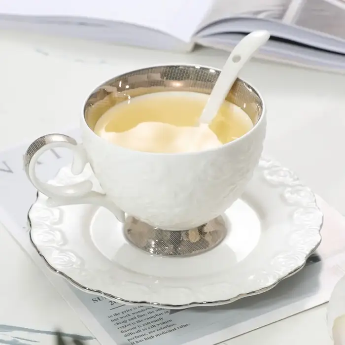 Vintage en céramique tasse à café cuillère assiette ensemble de luxe exquis Latte fleur thé eau