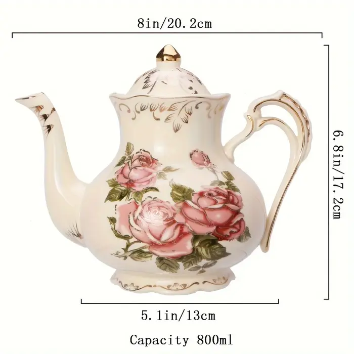 Théière en céramique rose / Tasse et soucoupe - Cafetière à bordure dorée - Cadeau élégant pour le thé de l'après-midi
