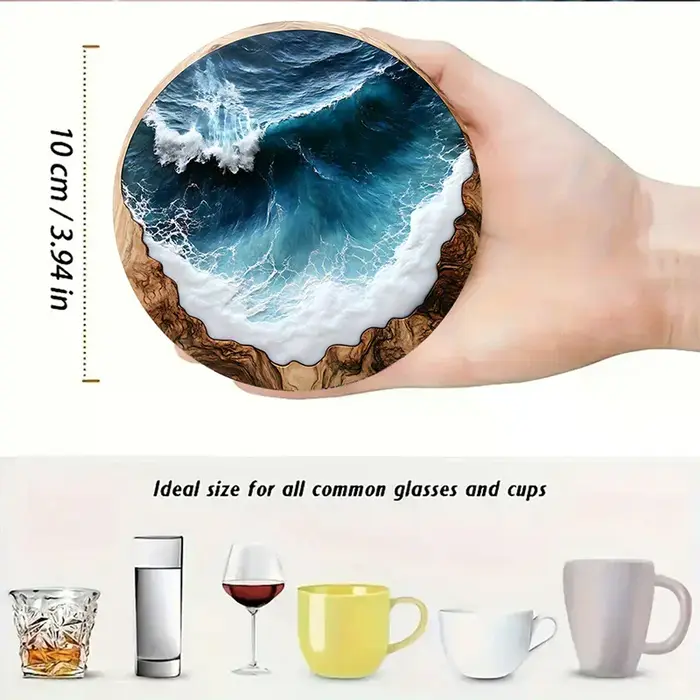Ensemble de dessous de verre et de napperons ronds en bois bleu océan