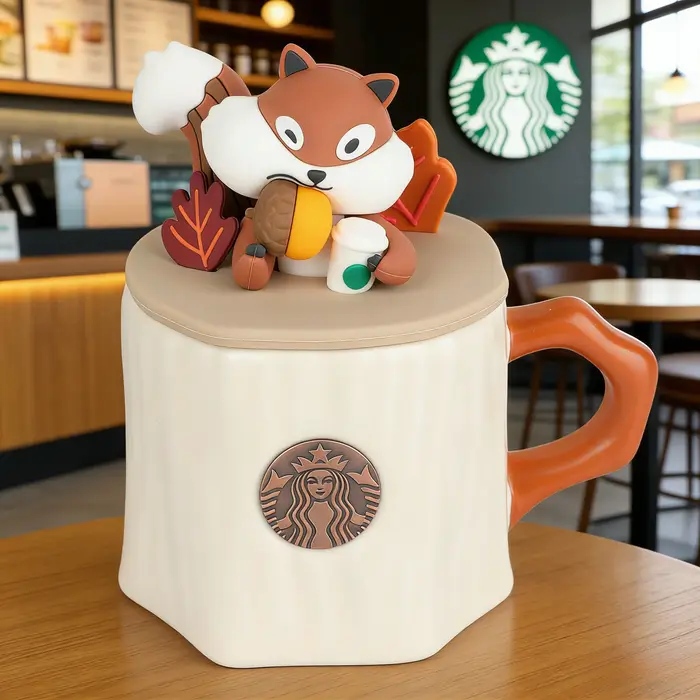 Tasse à café Starbucks en céramique en forme d'écureuil d'automne avec couvercle anti-poussière en bois pour bureau