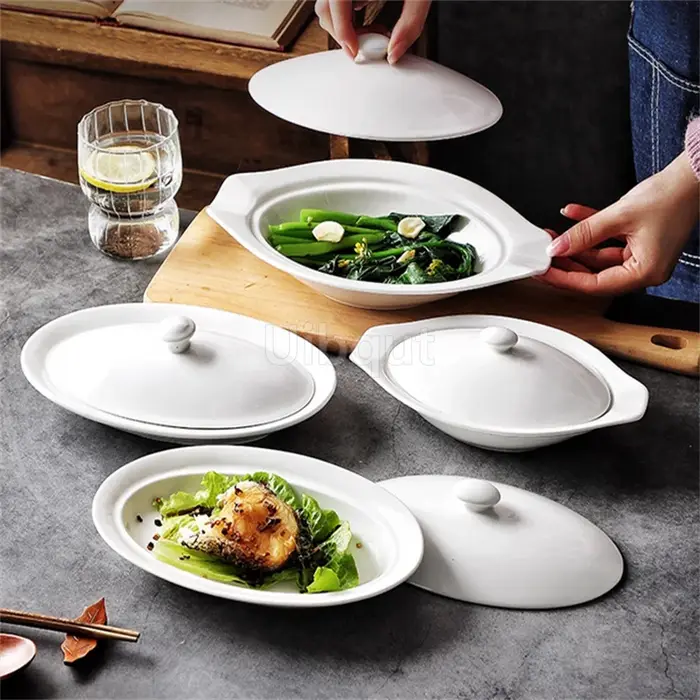 Vaisselle elliptique ovale en céramique assiette blanche plat avec couvercle tasse à légumes hôtel créatif restaurant fromage cuit riz bol profond