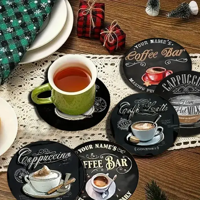 6 ensembles de sous-verres antidérapants en bois avec motifs de tasses à café