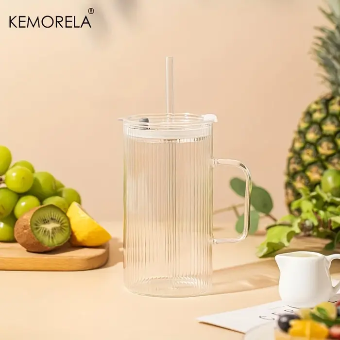 KEMORELA Grand gobelet en verre nervuré de 740 ml avec poignée et couvercle