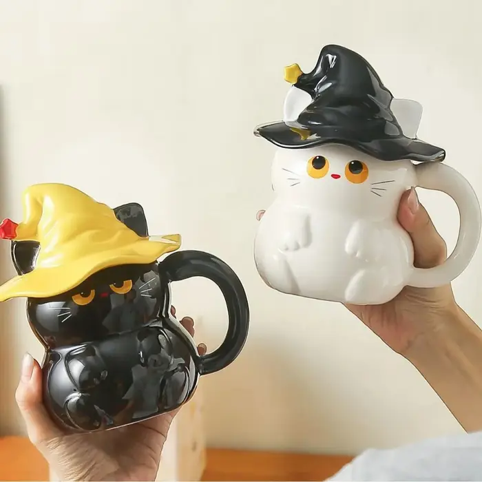 Tasse en céramique de chat fantôme de rêve de 450 ml avec couvercle