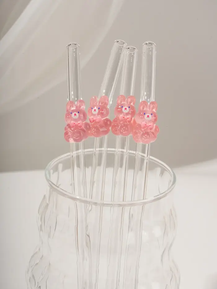 1/2/5 pailles en verre rose en forme de lapin