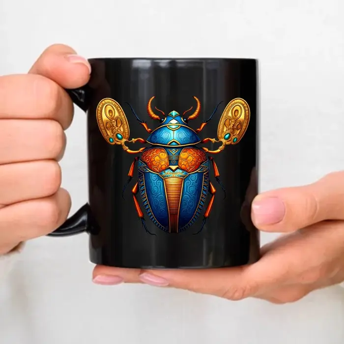 Tasse en céramique, design scarabée égyptien noir