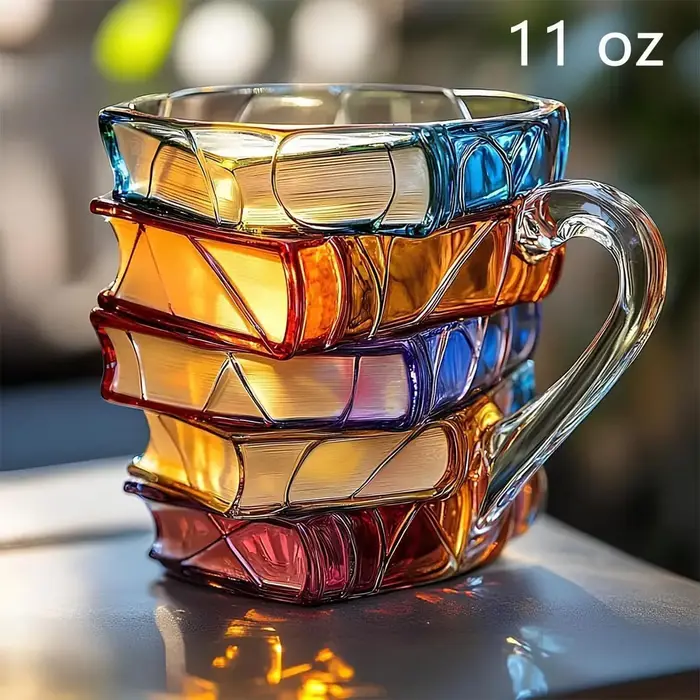 Tasse à livre peinte, tasse à café en verre coloré 3D