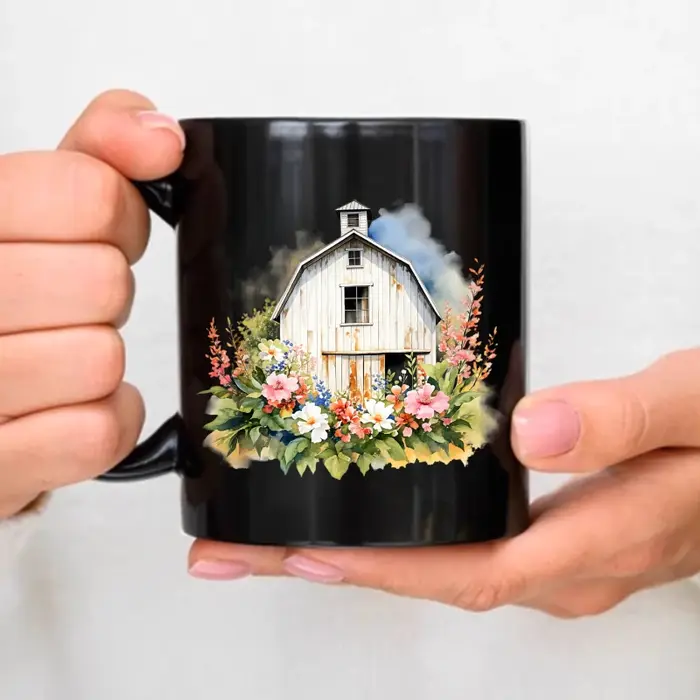 Tasse à café en céramique avec grange de ferme noire avec motifs floraux et légumes pour la maison, 