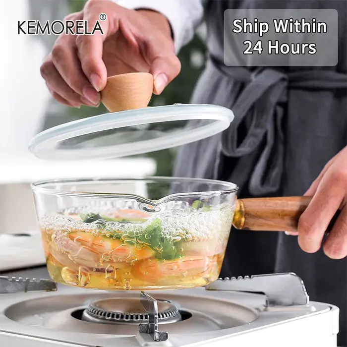 Pot à lait en verre avec manche en bois, cuisson transparente, chauffage, soupe au lait, ustensiles 