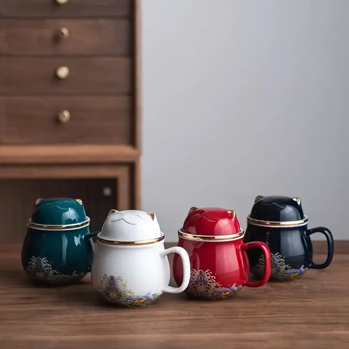 Tasse de bureau en céramique Lucky Cat avec filtre à thé et couvercle