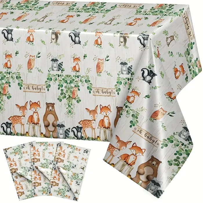 Ensemble de nappe en forme d'animaux de la forêt, 3 pièces, décor de fête à thème de la forêt, plastique imperméable pour anniversaire, réception-cadeau pour bébé, 54x108 pouces, jetable