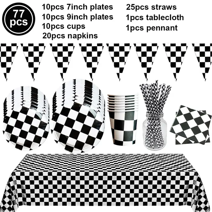 Vaisselle à carreaux noir et blanc pour la décoration de table sur le thème des sports de course, assiettes à dessert, serviettes pour voiture de course, anniversaire