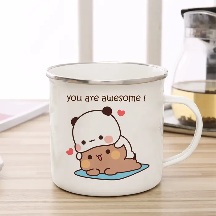 Dessin animé lait moka ours seins et Doodle émail tasse café thé