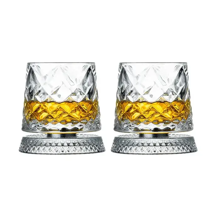 Verres à whisky rotatifs avec Base en verre, 2 pièces, verres à rhum en cristal rotatif à 360 degrés