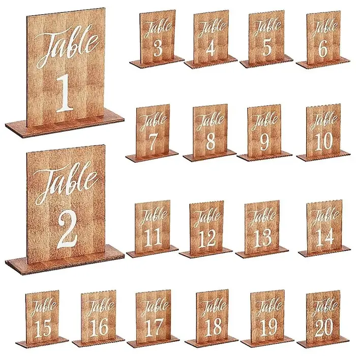 Numéros de table double face pour mariage, numéros 1-20, marqueurs de table en bois vintage, cartes 
