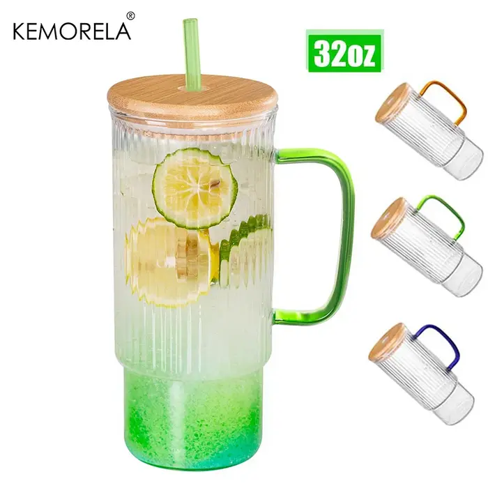 Gobelet en verre nervuré d'inspiration vintage de 900 ml avec couvercle et paille en bambou – Poignée multicolore pour
