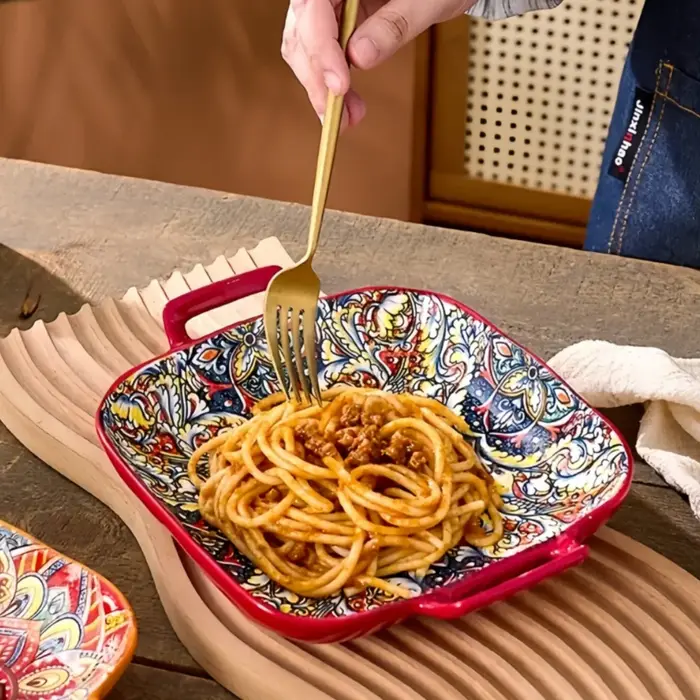 Assiette carrée bohème en céramique à double oreille