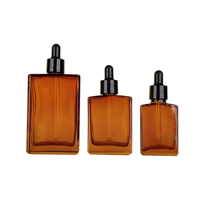 100 ml Flacon compte-gouttes d'huile essentielle rectangulaire à épaule plate ambre – Récipients cosmétiques en verre rechargeable de 100 ml
